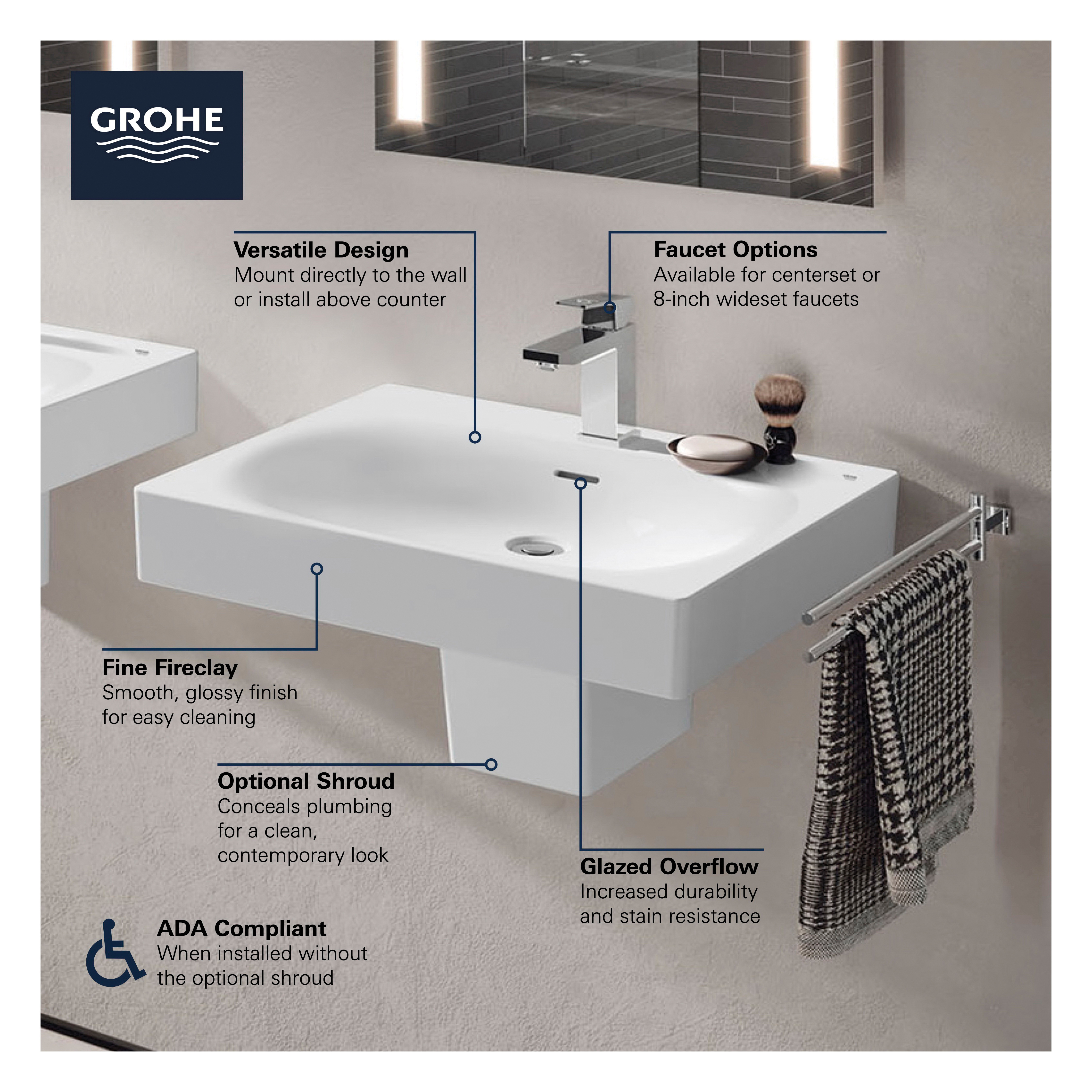 GROHE 39655000 39655_0 Eurocube® Bathroom Sink, 8 in Faucet Hole Spacing, 19-1/16 in L x 22-3/8 in W x 5-7/16 in H, Wall Mount, Alpine White
