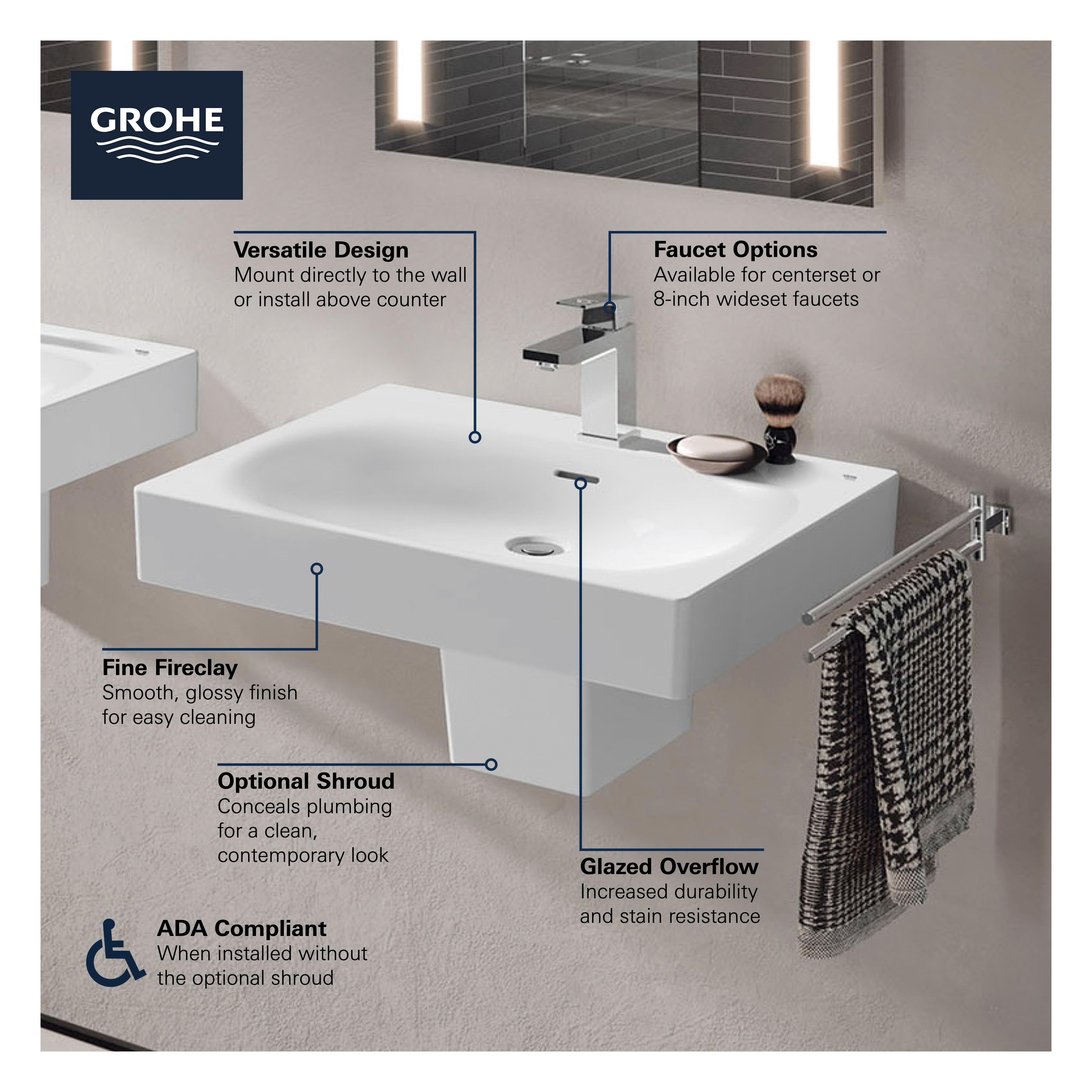 GROHE 39657000 39657_0 Eurocube® Sink Shroud, Essence Wall-Hung Sink, Wall Installation, Fireclay, 10-5/8 in L x 7 in W x 10 in H