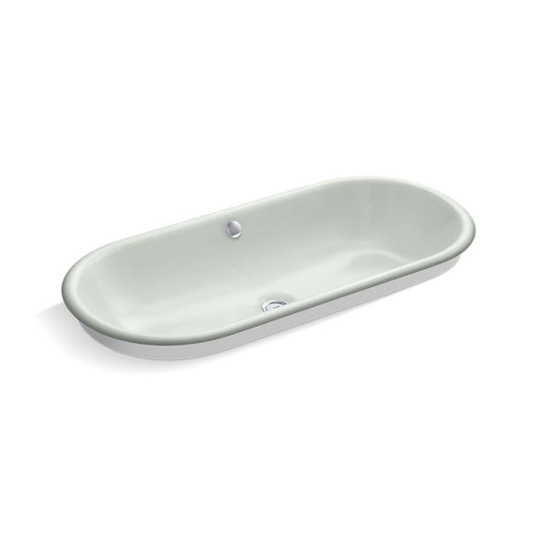 Kohler® 20213-W-FF Iron Plains® Bathroom Sink With Overflow Drain and White Painted Underside, Elongated Oval Shape, 33 in W x 15-5/8 in D x 6-11/16 in H, Vessel/Drop-In/Under/Above-Counter Mount, Enameled Cast Iron, Sea Salt™, Domestic
