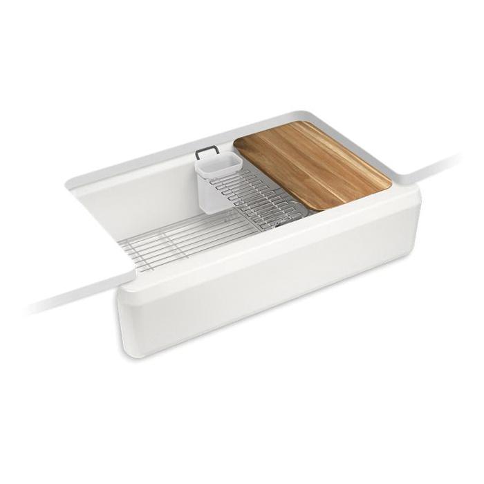 Kohler® 24564-FF Riverby™ Farm House Workstation Kitchen Sink With Tall Apron, 35-11/16 in L x 20-7/8 in W x 9-13/16 in H, Under Mount, Cast Iron, Acid-Resistant Enamel/Sea Salt™