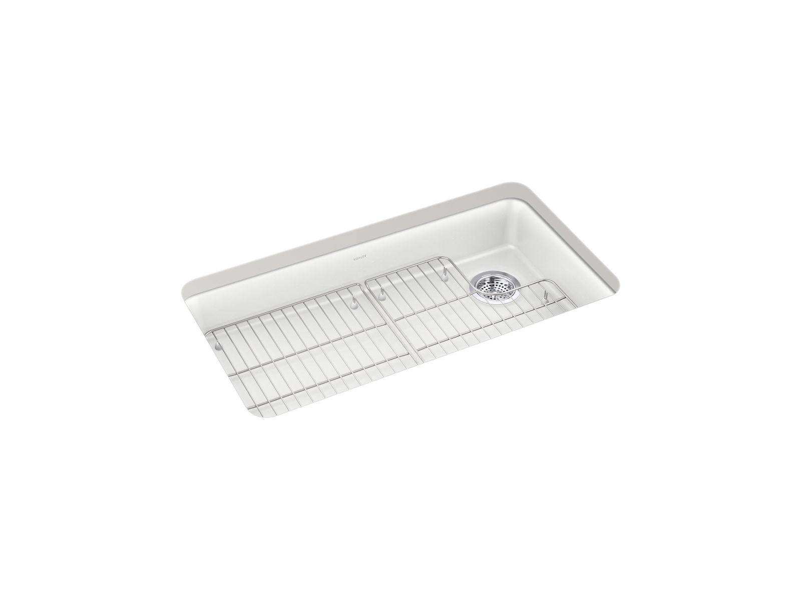Kohler® 27785-CM6 27785 Cairn® Rear Offset Drain Kitchen Sink, Matte White, Rectangular Shape, 30-1/2 in L 15-5/16 in W 5 in D Bowl, 0 Faucet Holes, 5-5/8 in H x 18-5/16 in W x 33-1/2 in L, Under Mount, Neoroc Composite