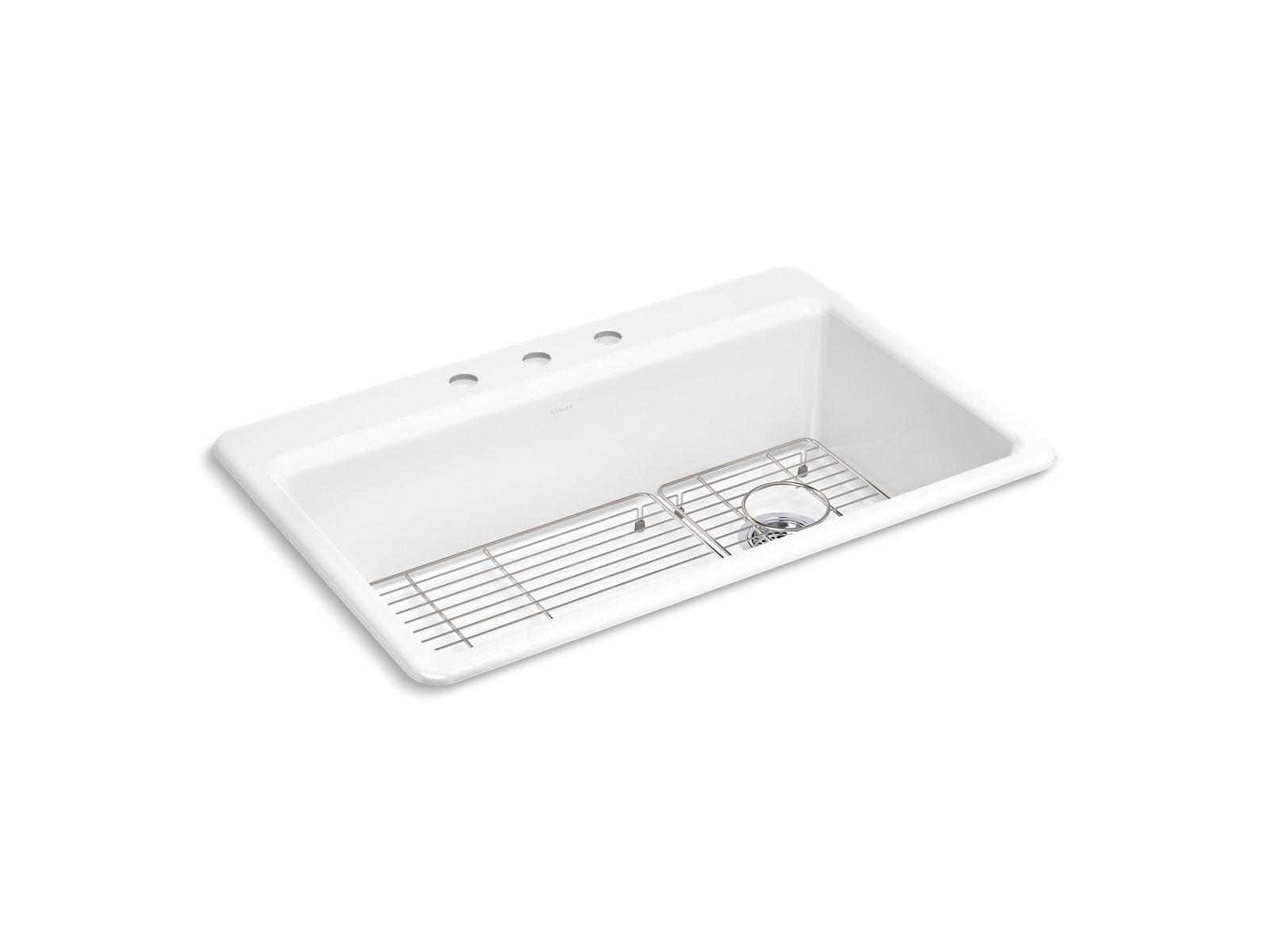 Kohler® 5871-3A1-0 K-5871-3A1 Riverby Sink, White, Rectangle Shape, 30-1/4 in L x 15-13/16 in W Bowl x 9 in D Bowl, 3 Faucet Holes, 9-13/16 in H x 22 in W x 33 in L, Top Mounting, Enameled Cast Iron