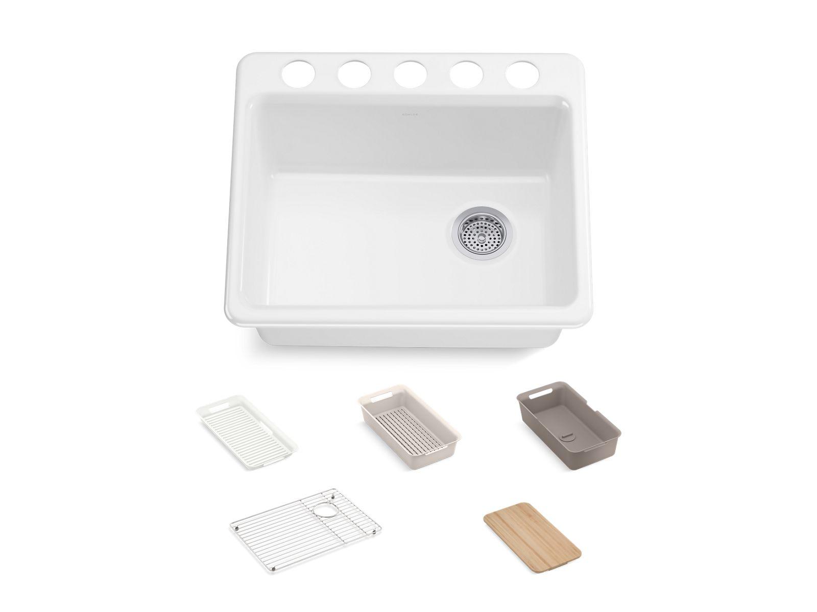 Kohler® 5872-5UPC-0 K-5872-5UPC Riverby Sink, White, Rectangle Shape, 22-1/4 in L x 15-13/16 in W Bowl x 9 in D Bowl, 5 Faucet Holes, 9-13/16 in H x 22 in W x 25 in L, Undermount Mounting, Enameled Cast Iron