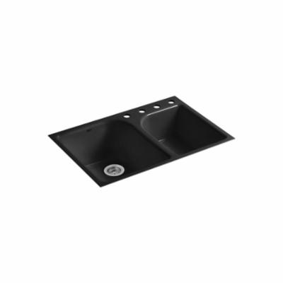Kohler® 5931-4-7 Executive Chef™ Kitchen Sink, Black, Rectangle Shape, 16 in Left, 12 in Right L x 19 in Left, 17 in Right W x 9-3/4 in Left, 7-3/4 in Right D Bowl, 4 Faucet Holes, 33 in L x 22 in W x 10-5/8 in H, Tile-In Mount, Cast Iron