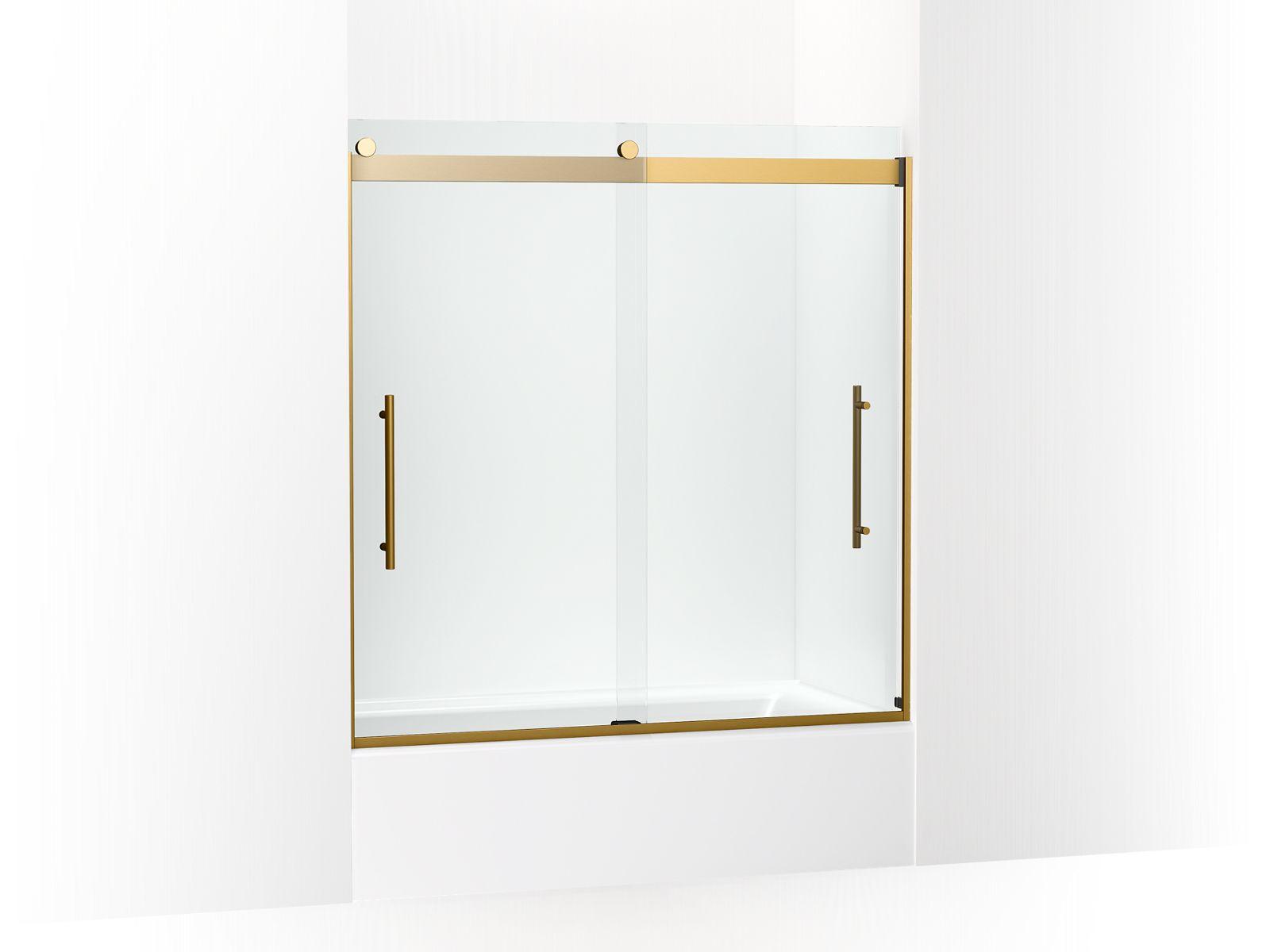 Kohler® 702425-L-2MB 702425-L Levity® Plus Sliding Bath Door, Frameless Frame, Crystal Clear Tempered Glass, Vibrant Brushed Moderne Brass, 3/8 in THK Glass, 55-9/16 in H Opening, 56-5/8 to 59-5/8 in W Opening