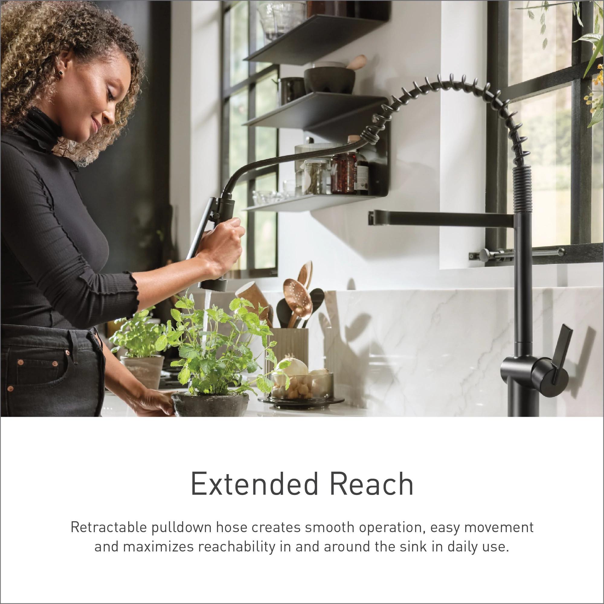 Moen® 87814BL 87814 Essie™ Pre-Rinse Spring Pulldown Kitchen Faucet, Residential, 1.5 gpm Flow Rate, High-Arc Spout, Matte Black, 1 Handles, Import