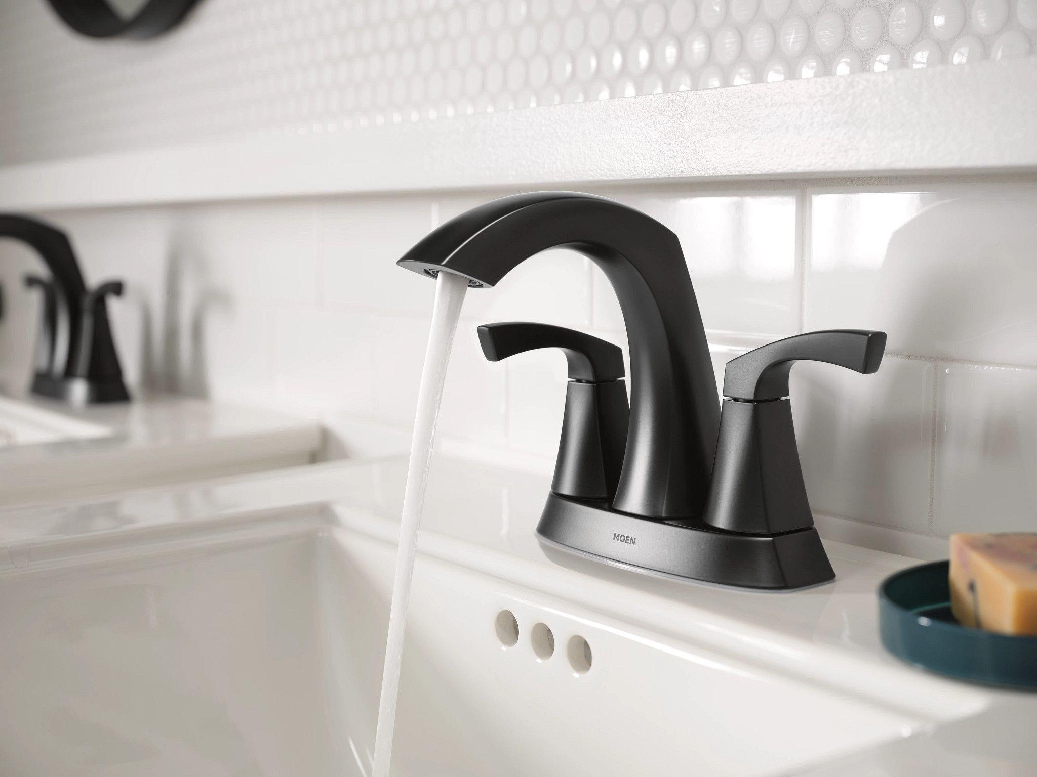 Moen® 84506BL 84506 Lindor™ Faucet, Matte Black, 2 Handles, Push-Down Drain, 1.2 gpm Flow Rate