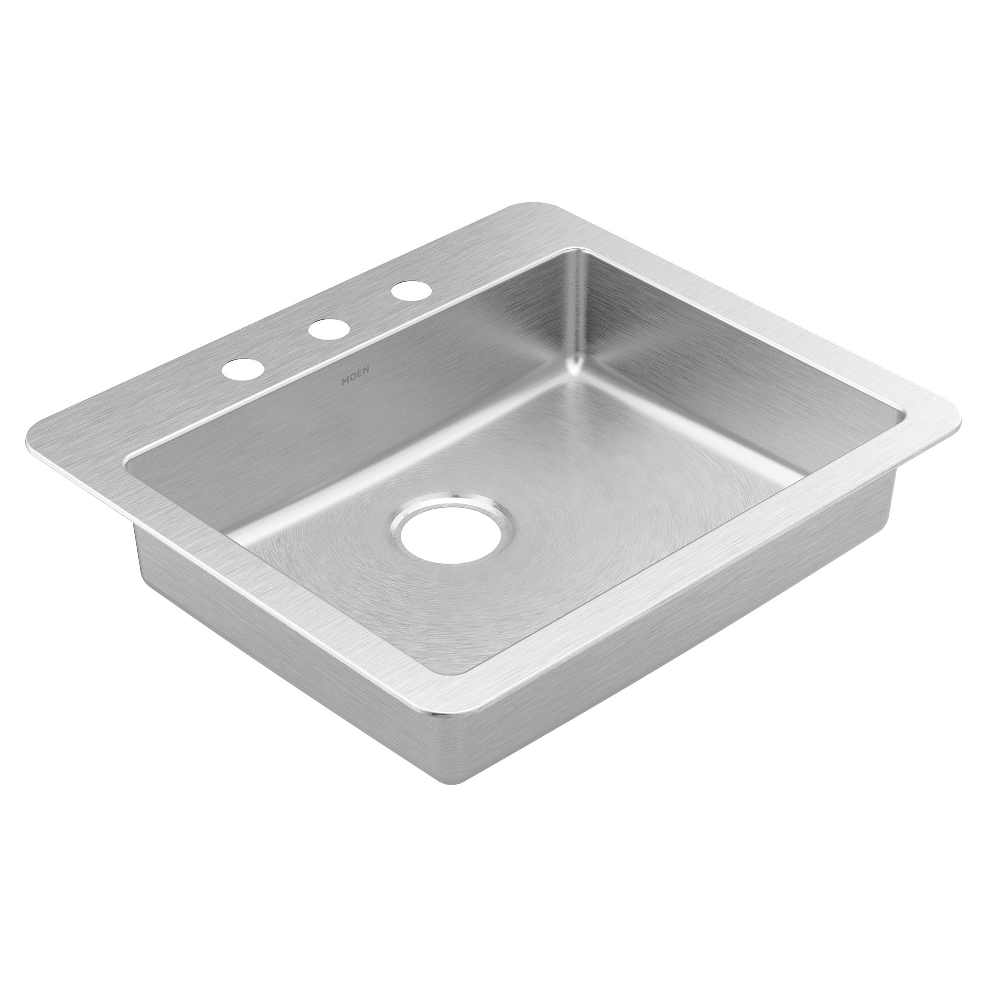 Moen® GS181733B 1800 Rear Center Drain Sink, Brushed Stainless Steel, 21-13/16 in L x 15-3/4 in W Bowl, 3 Faucet Holes, 25 in L x 22 in W, Drop-In Mounting, 18 ga Stainless Steel