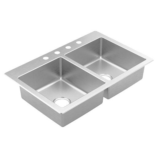 Moen® GS202684 High Quality Sink, Oval/Rectangular Shape, 33 in L 22 in W 7 in D Bowl, 3 Faucet Holes, 22 in W x 7 in D x 33 in L, Drop-In Mount, Stainless Steel
