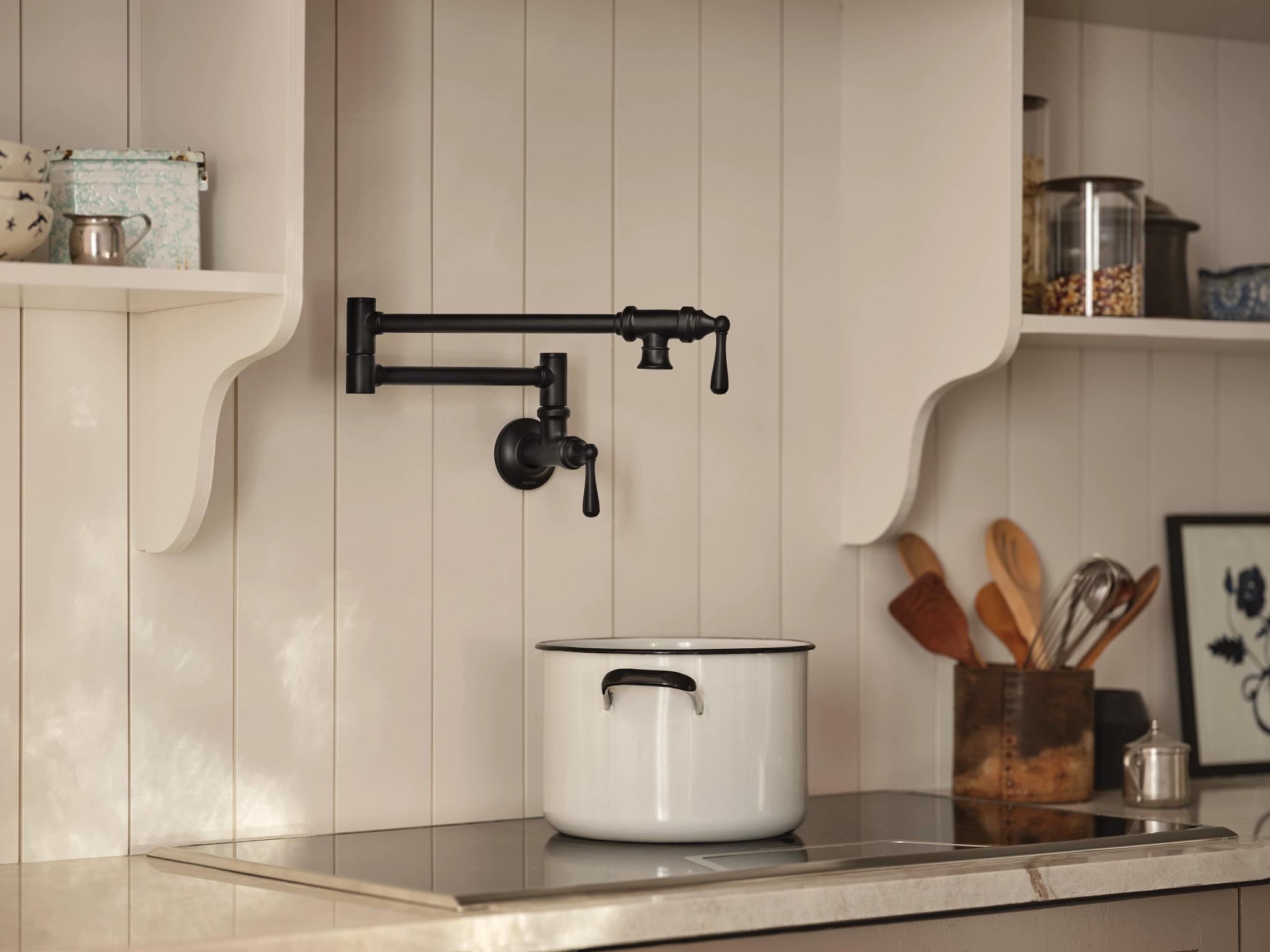 Moen® S664BL Pot Filler Kitchen Faucet, Traditional, 5.5 gpm, Matte Black, 2 Handles, Domestic