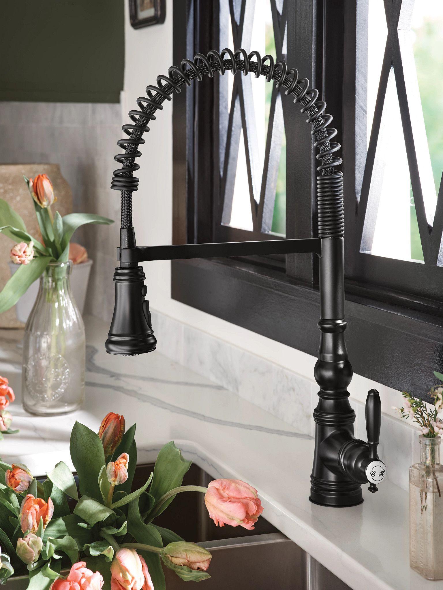 Moen® S73104BL Weymouth™ Pre-Rinse Spring Pulldown Kitchen Faucet, 1.5 gpm Flow Rate, Flexible Spout, Matte Black, 1 Handle, Domestic